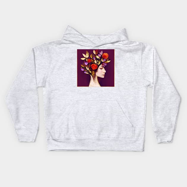 tree, flower, rose, gold, silver, red, purple, woman Kids Hoodie by AnnaMartaFoley